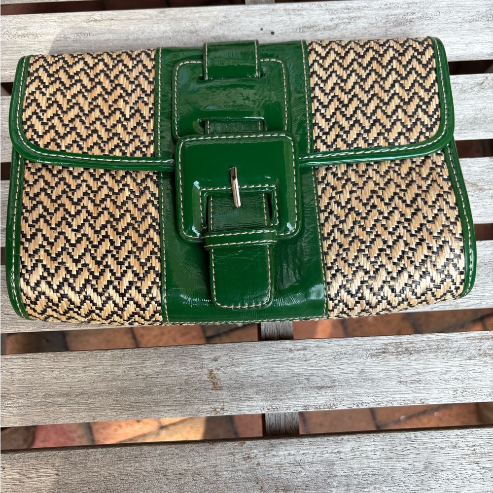 Barneys New York Green and Tan Patterned Clutch